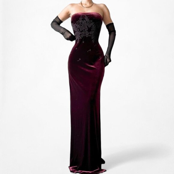 Vintage Burgundy Red Beaded Velvet Knit Maxi Bodycon Strapless Prom Dress Size S - Picture 2 of 7
